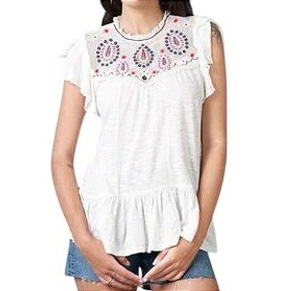 Lucky Brand Women White Embroidered Ruffled Cap Sleeve Peasant Top Small Cottage
